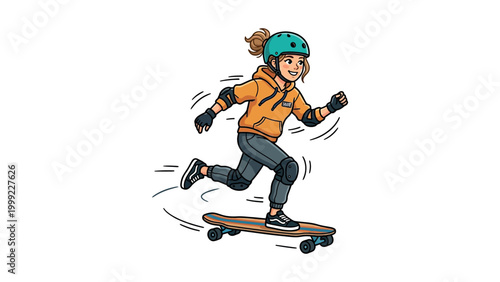 Teenager girl wearing safety gear rides skateboard fast on white background
