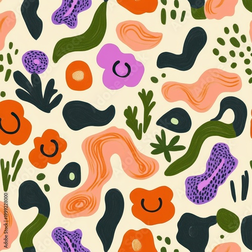 Playful abstract floral pattern with colorful wavy shapes, stylized flowers, leaves and dots on a creamy background conveying a cheerful lively mood