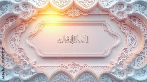 ornate carved plaster panel with central arabic calligraphy, intricate geometric and floral patterns, soft pastel tones and warm sunlight evoking serene reverence
