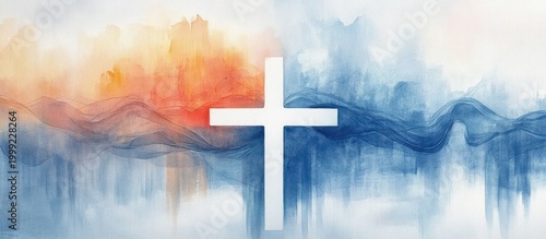 white cross silhouette centered over abstract watercolor waves in blue and orange tones, creating a serene, contemplative and hopeful atmosphere