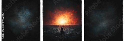 triptych showing a lone silhouetted figure in a turbulent sea facing a blazing sun on the horizon between two dark textured panels, evoking solitude and awe