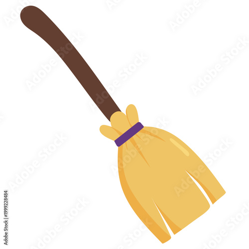 Witch broomstick illustration with wooden handle and yellow straw for Halloween magic