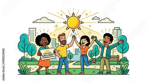 People celebrate having daylight saving time in a city park with friends.