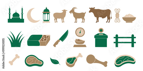 Eid Al-Adha sacrifice icons featuring goat cow and butcher knife illustrations