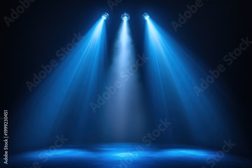 three blue spotlights illuminating an empty smoky stage, creating a dramatic and mysterious atmosphere