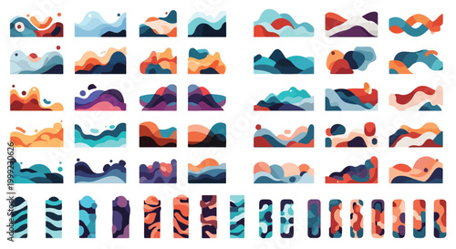A colorful abstract composition of 35 irregularly shaped patterns