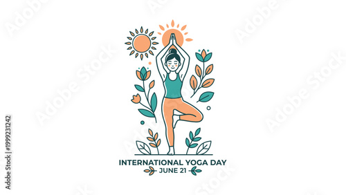 Woman practices yoga on International Yoga Day in a serene outdoor setting with flowers and sun.