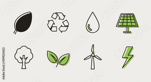 Sustainable environment and renewable energy vector icon set with green accents