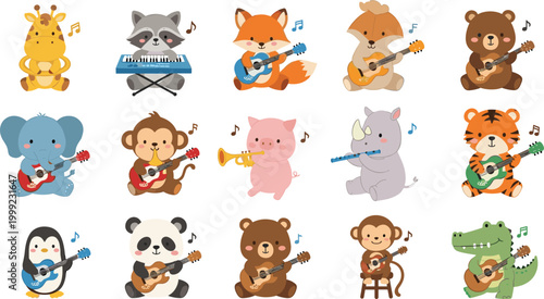 Cute Cartoon Animal Musicians Collection Featuring Bear Fox Raccoon Monkey Elephant Panda Tiger Pig and Crocodile Playing Instruments Vector Illustration.