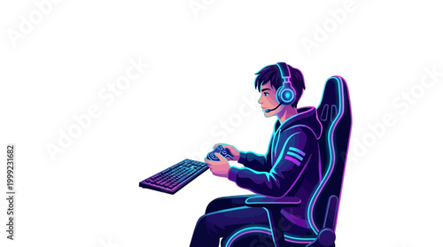 A person sits in a chair wearing headphones and using a laptop indoors.