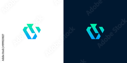 Modern abstract geometric V letter logo icon with gradient blue and green colors on white and dark backgrounds