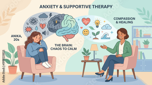 Therapist providing supportive therapy to anxious young woman in calm environment