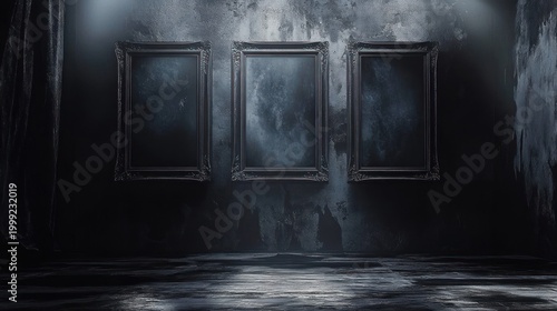 Three ornate empty frames on a dark textured gallery wall under spotlights, reflective floor and heavy curtain creating an eerie, melancholic atmosphere