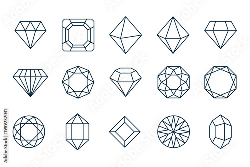 Diamonds gems, luxury gemstones and precious crystals, faceted brilliant. Isolated vector line treasure icon set.