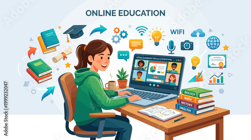 Engaged Student Thriving in Online Education, Attending Virtual Classes on Laptop, Surrounded by Digital Learning Tools and Academic Icons