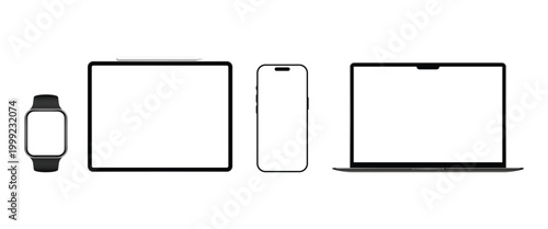 Mockup of laptop, tablet, mobile phones and smartwatch. Social media promotion. Advertising on a smartphone display. Device front view.