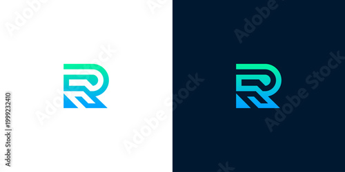Abstract 'R' letter logo design with gradient colors on white and dark backgrounds, symbolizing technology and innovation