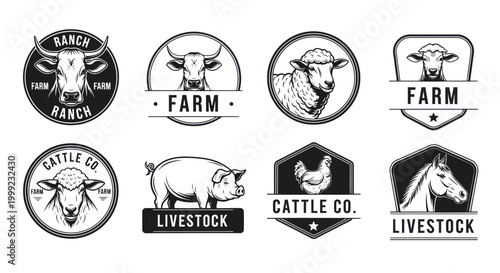 Farm Animal Logos: Cow, Sheep, Pig, Chicken, Horse - Vintage Style