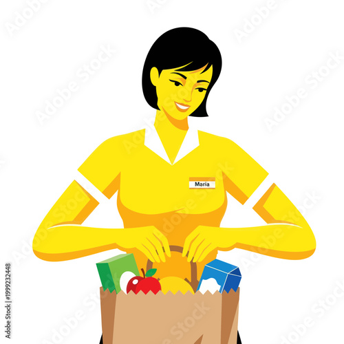 Female Grocer Packing Shopping Bag with Groceries