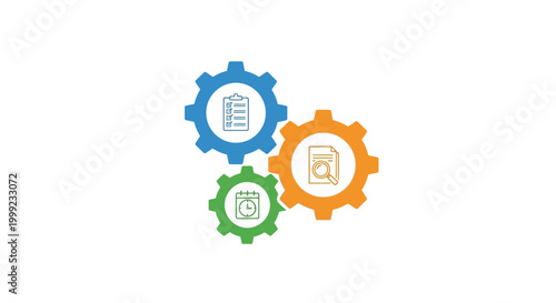 Colorful gear icons with symbols.