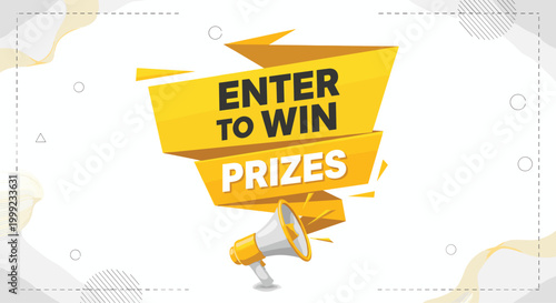 Bold yellow banner with the text enter to win prizes features a white and yellow megaphone on a clean background with abstract design elements.