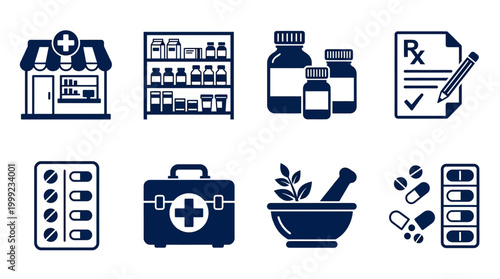 Pharmacy storefront with shelves of medicine, prescription pad, and medical supplies in background