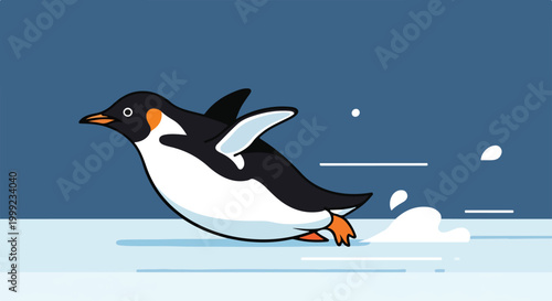 A cartoon penguin sliding on ice