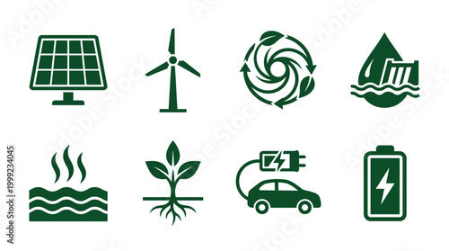 Collection of eco-friendly energy icons representing solar, wind, and water power sources