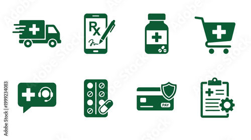 Collection of healthcare icons depicting delivery, prescriptions, medication, and support services