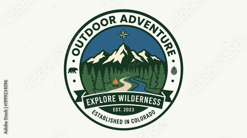 Circular logo depicting outdoor adventure theme with mountains, river, and pine trees