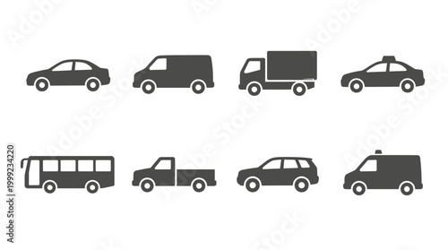 Various silhouettes of vehicles including cars, vans, trucks, and buses on a simple background