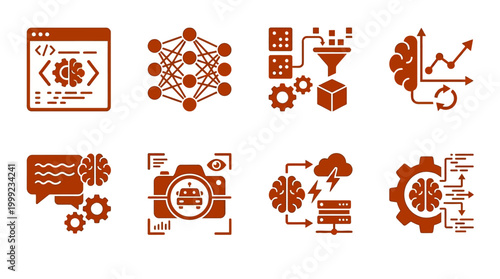 Icons representing artificial intelligence concepts, including neural networks, data processing, and analytics