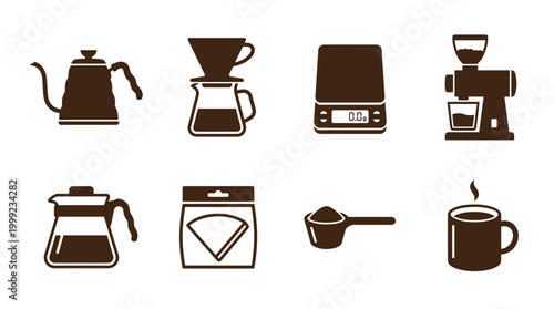Collection of coffee brewing tools including kettle, dripper, scale, grinder, and cup