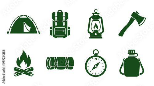 Camping Essentials Tent, Backpack, Lantern, Axe, Fire, Sleeping Bag, Compass, and Water Bottle