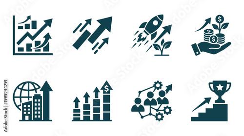 Collection of business growth icons depicting charts, rockets, and teamwork for financial success