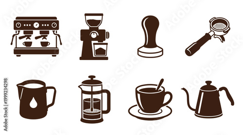 Various coffee-making equipment including espresso machine, grinder, and French press on white background