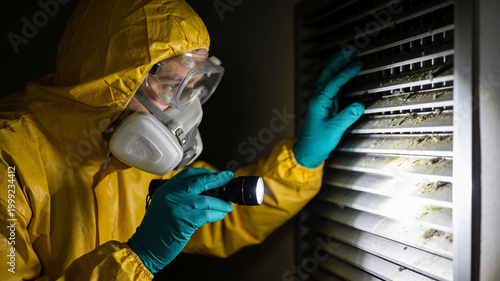 A professional wearing a yellow hazardous material suit uses a bright flashlight to inspect a dusty air vent for mold