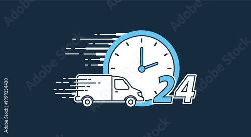 White delivery van speeds across a dark blue background with a large clock and the number twenty four to represent fast around the clock service.