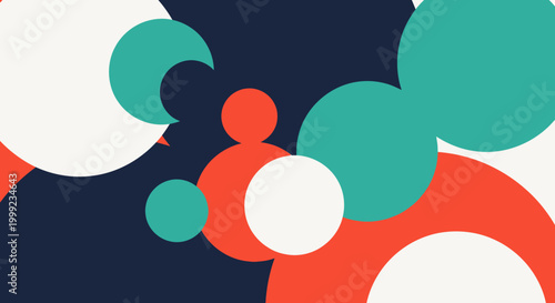 Abstract composition of overlapping circles in red white and teal.