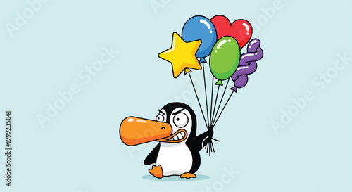 A cartoon penguin with colorful balloons and a star
