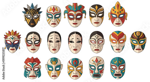 A collection of ornate masks on white