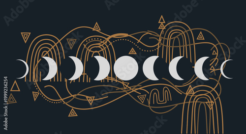 Moon Phases with Boho Line Art and Celestial Elements.