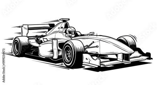Formula 1 Race Car Illustration, Speeding, Black and White Sketch