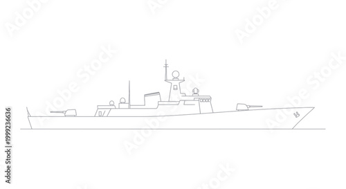 Outline of a modern warship, naval destroyer, military vessel, side view, clean design