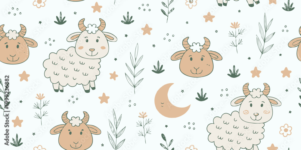 Naklejka premium Cute sheep and crescent moon seamless pattern for kids fabric