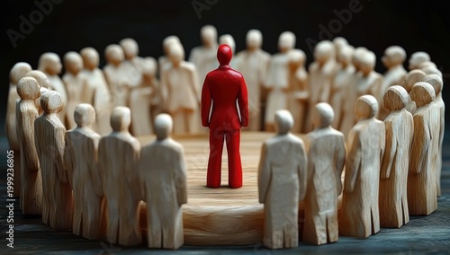 red wooden figure standing confidently on a round wooden platform surrounded by a circle of natural wooden figures under scrutiny and tension