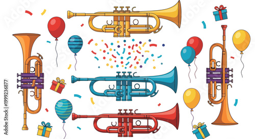 Colorful Trumpets, Balloons, Gifts, and Confetti Party Celebration