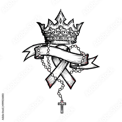 Crown, Ribbon, Rosary Beads, and Cross - Symbol of Hope and Faith