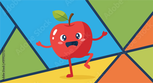 A cartoon red apple with legs and arms dances on a colorful geometric background