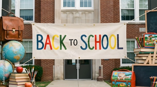 Back to school banner welcomes students to a brick school building